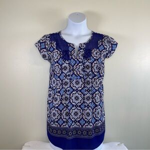 Daniel Rainn Blue & Peach Lace Detail Split Neck Patterned Blouse - size 1X